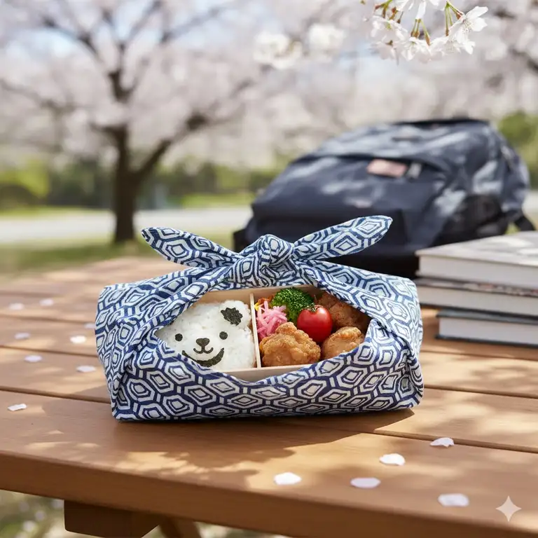 A traditional Japanese bento lunch bag or azuma bukuro tied neatly, holding a colorful bento box for work or school.
