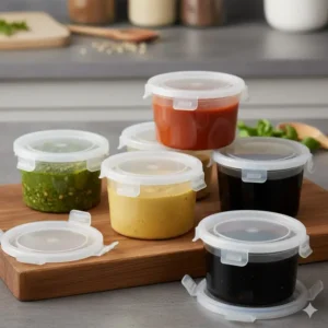 Close-up of several 1 2 cup containers with lids filled with various brightly colored sauces for meal prepping.