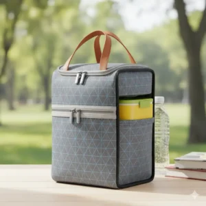 Insulated Japanese lunch bag tote with a zipper, designed to keep a bento meal fresh and secure.