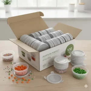 An aerial view showing a large set of reusable plastic 1 2 cup containers with lids packaged for sale.