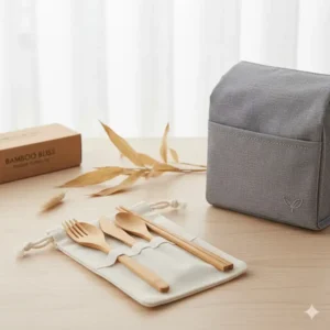 Eco-friendly portable bamboo cutlery set in a small pouch, an essential accessory for your packed lunch.