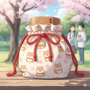 A small, round kinchaku drawstring japanese lunch bag in a cute fabric pattern, perfect for a single bento.