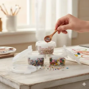 A creative use of 1 2 cup containers with lids holding glitter and small craft beads on a white table.
