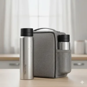Insulated stainless steel water bottle that fits in the side pocket of a modern lunch bag.