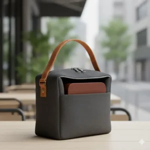 A modern, minimalist japanese lunch bag pouch made of durable fabric with a leather handle.