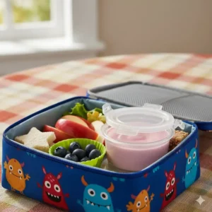 A child's lunchbox containing an apple slice and a leakproof 1 2 cup container with lids holding yogurt.