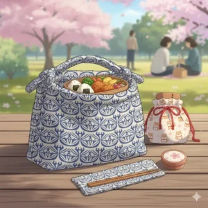 Overhead view of a complete japanese lunch bag set, including the bag, a bento box, and a matching chopsticks case.