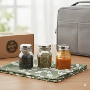 Small, screw-top condiment and dip containers for salads and sauces, perfect lunch accessories.