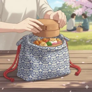 A colorful bento box being placed into a reusable cotton japanese lunch bag.