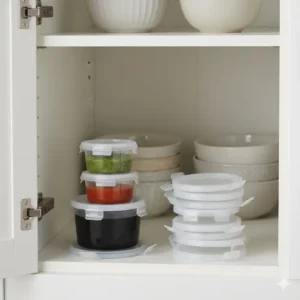 Several open 1 2 cup containers with lids shown nesting inside each other for easy compact storage in a cupboard.