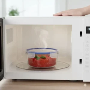 Steaming leftovers being safely reheated inside a 1 cup glass storage containers inside a microwave oven.