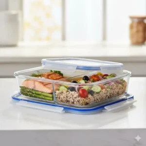 Airtight glass 2 compartment container with lid packed with a vibrant, separated lunch.