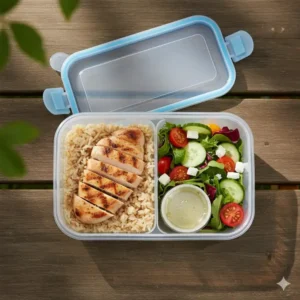 An open 2 compartment food containers lunch box, showcasing a perfectly portioned meal of rice and vegetables.