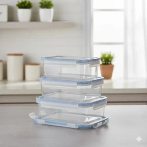 A set of 2 compartment food containers with lids neatly stacked, showing ease of storage.