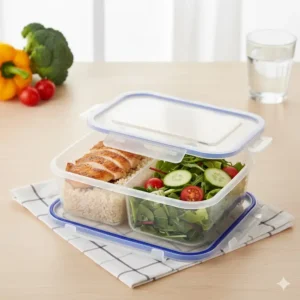 Healthy meal prep lunch stored securely in a 2 compartment food storage containers, separating the main course from the side salad.