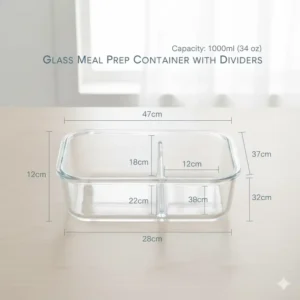 Top-down view of the 2 compartment glass meal prep containers showing the internal section sizes for easy food separation.