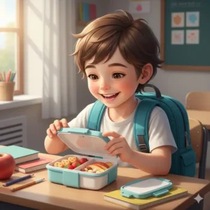 Happy child holding a 2 compartment snack container style snack box, perfect for packing dry snacks for school lunch or on-the-go.