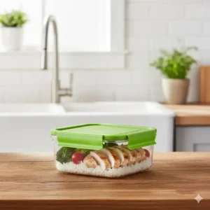 A single 2 cup food storage containers holding a perfectly portioned meal of chicken and rice for meal prepping.