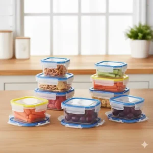 A set of plastic 7 best 1 cup food containers for meal prep and small snacks.