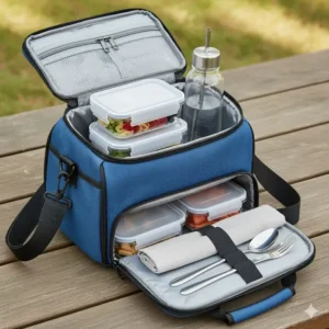 Open view of a dual insulated 2 compartment lunch bag with two separate compartments, demonstrating the capacity to hold multiple food containers and drinks.