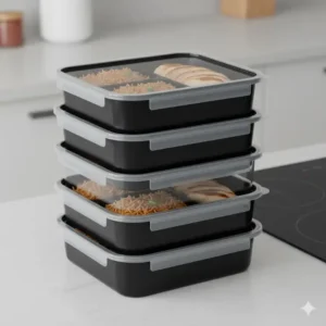 Stack of black plastic 2 compartment food containers with clear lids, ideal for takeout, leftovers, and weekly meal prep.