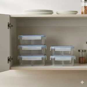 Stackable two compartment meal prep containers shown in a cabinet to illustrate space-saving, efficient food storage.