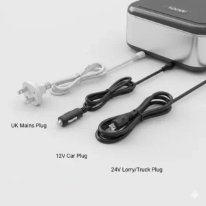 Versatile 120W heated lunchbox showing the three included plugs: UK mains, 12V car, and 24V truck power adapter cables.