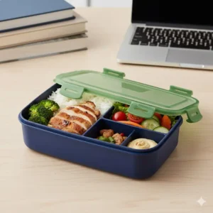 Durable plastic 2 compartment container with lid bento box with a secure locking lid, ideal for school or work.