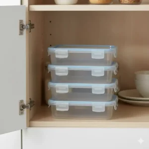 Empty, stackable 2 compartment food containers neatly organized in a kitchen cabinet, illustrating efficient storage.