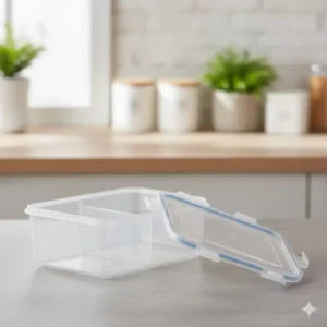 Close-up of an open 2 compartment food containers with lids, clearly showing two separate sections.