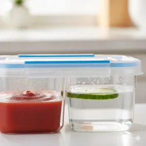 Close-up view of the leakproof seal and divider in the middle of the 2 compartment food storage containers to prevent mixing.
