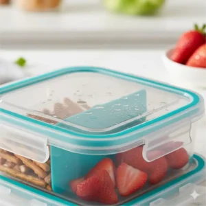 Close-up showing the secure inner divider and silicone seal of the 2 compartment snack container, highlighting how it keeps contents separated.