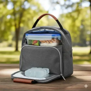 Leakproof 2 cup food storage containers sealed and placed in a reusable insulated lunch bag.