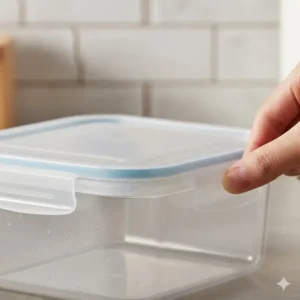 Close-up view of the secure, airtight lid seal on the two compartment meal prep containers to prevent leaks.