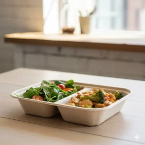 Close-up of an eco-friendly bagasse 2 compartment container, a sustainable and biodegradable option for food service and takeaway.