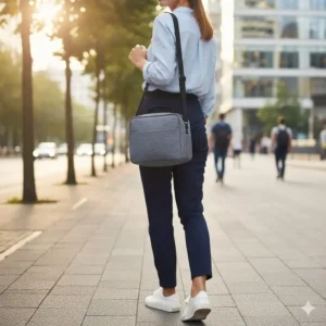 Stylish insulated 2 compartment lunch bag carried on a person's shoulder for scale, showing its compact but practical design for work or school.