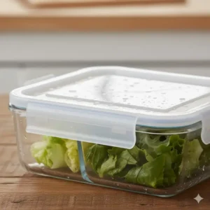Close-up of the BPA-free, leakproof lids securely sealing the 2 compartment glass meal prep containers.