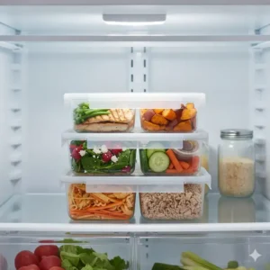 Stack of reusable 2 compartment container with lid food storage containers for organizing a refrigerator.