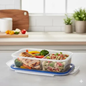 A healthy lunch packed inside the 2 compartment food containers with lids, separating main dish and side.