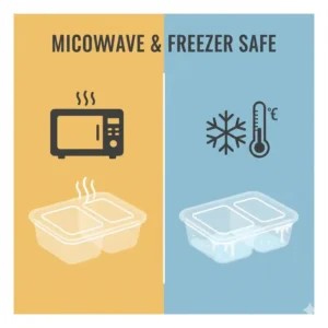 Graphic illustrating the versatility of the 2 compartment food storage containers: safe for both microwave reheating and freezer storage.