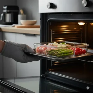 2 compartment glass meal prep containers being safely placed in an oven, highlighting its heat resistance and oven-safe feature.