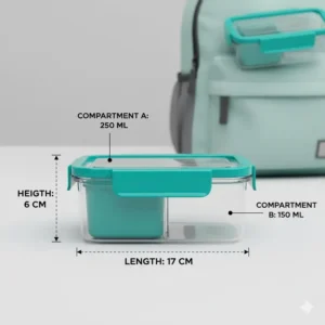 Image showing the side view and key dimensions of the 2 compartment snack container, ideal for portion control and fitting into a lunch bag.
