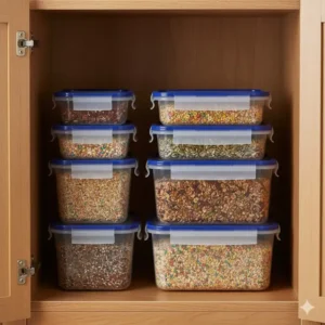 Several empty stackable 2 cup food storage containers neatly stacked inside a kitchen pantry cabinet.