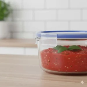 A close-up view of the four-latch leakproof lid mechanism securing a 1 cup glass storage containers.