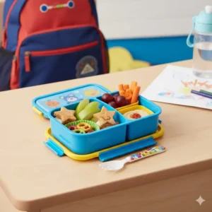 Brightly colored kids bento box with 2 compartments separating main dish and snacks, perfect for a child's school lunch.
