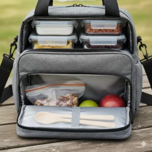 Close-up detail of the separate bottom compartment of the 2 compartment lunch bag, ideal for storing snacks, utensils, or non-perishable items.