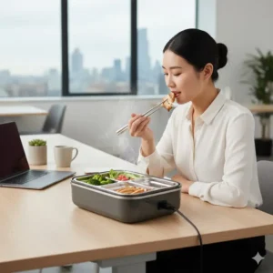 Professional enjoying a hot, home-cooked meal using their 120W heated lunchbox at their office desk in the UK.