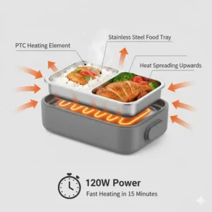 Diagram illustrating the fast-heating PTC technology of the 120W electric lunch box for quick, hot meals.