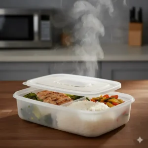 Close-up of a microwave-safe 2 compartment container with lid showing steam venting during reheating.