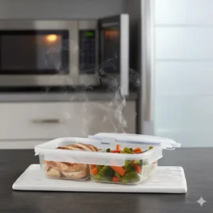 A steaming 2 compartment food containers taken directly from a microwave, demonstrating its safe use for heating meals.